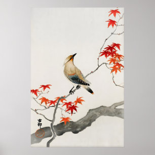 Japanese Bird Wall Art Print Red Maple Botanical