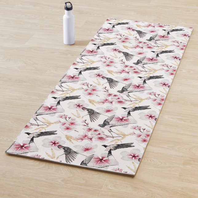Japanese Birds and Flowers Red and Gray Yoga Mat (In Situ)