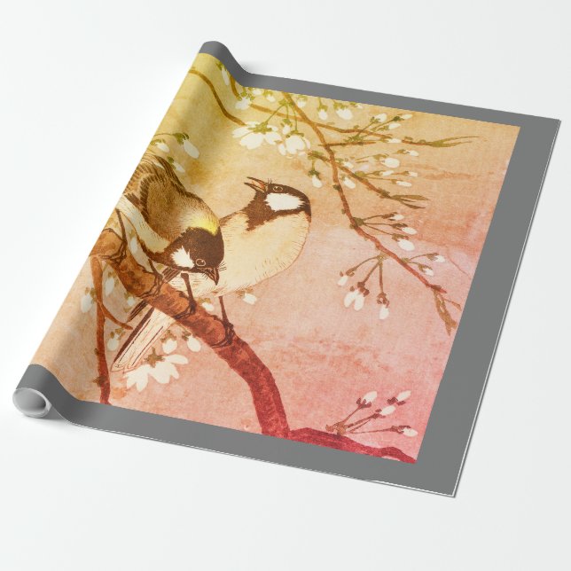 JAPANESE BIRDS ON CHERRY BLOSSOM Wrapping Paper (Unrolled)