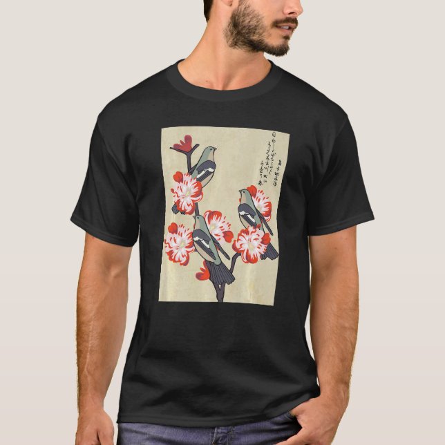 Japanese Birds On Peach Tree Blossoming Aesthetic T-Shirt (Front)