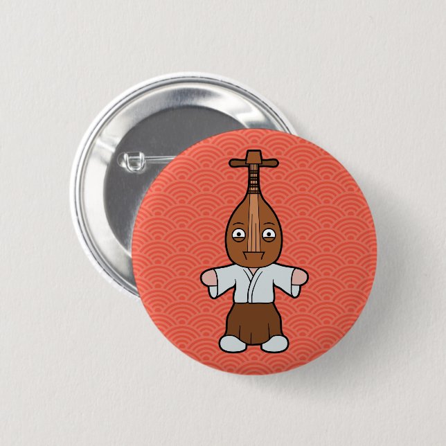 Japanese Biwa Man | Fun Musical Yokai Pinback Button (Front & Back)
