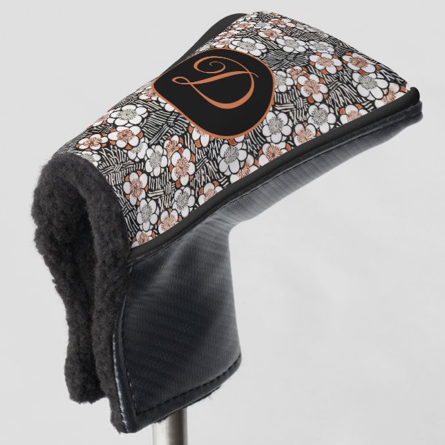Japanese Black and Red Floral Pattern Personalized Golf Head Cover (3/4 Front)
