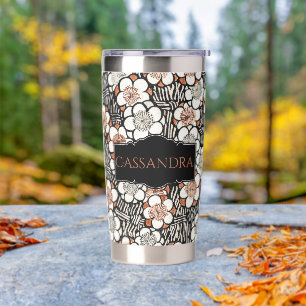 Japanese Black and Red Floral Pattern Personalized Insulated Tumbler