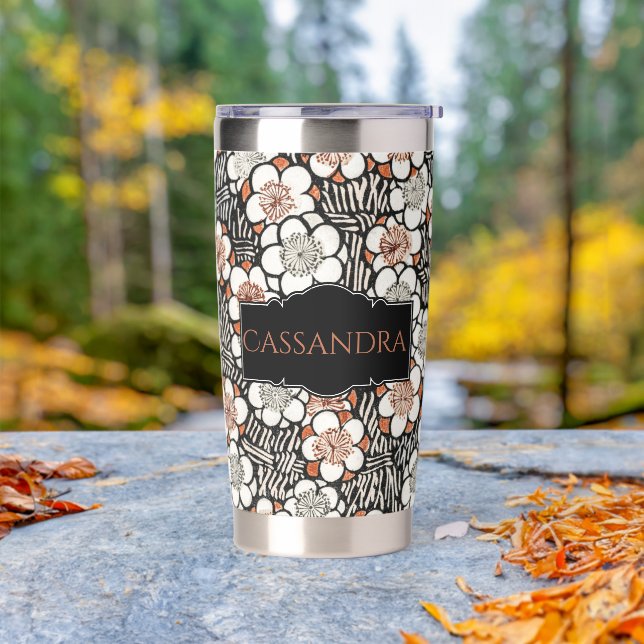 Japanese Black and Red Floral Pattern Personalized Insulated Tumbler (Outdoor)