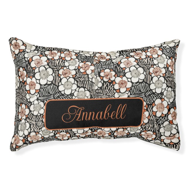 Japanese Black and Red Floral Pattern Personalized Pet Bed (Front)