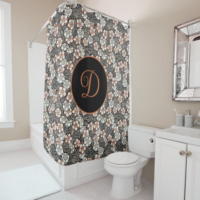 Japanese Black and Red Floral Pattern Personalized Shower Curtain (In Situ)