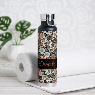 Japanese Black and Red Floral Pattern Personalized Water Bottle