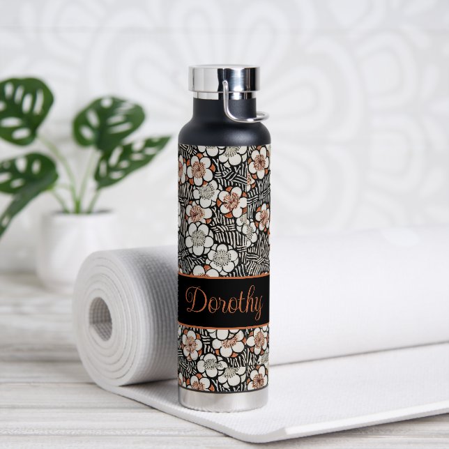 Japanese Black and Red Floral Pattern Personalized Water Bottle (Yoga)