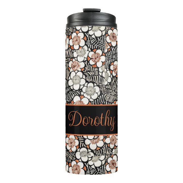 Japanese Black and Red Floral Pattern Thermal Tumbler (Front)