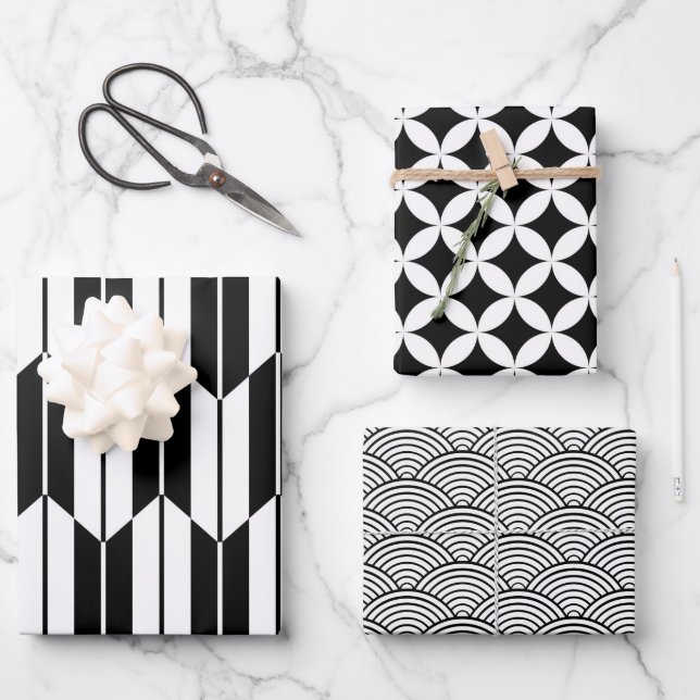 Japanese Black And White Geometric Patterns Wrapping Paper Sheets (Front)