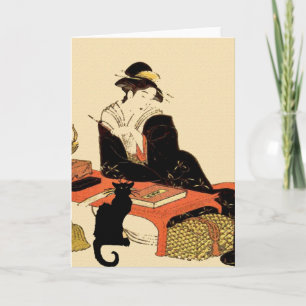 Japanese Black Cat Lady, add text,  Card