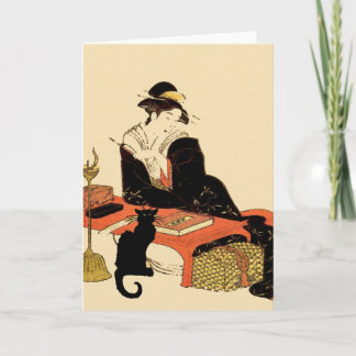 Japanese Black Cat Lady, add text, Card