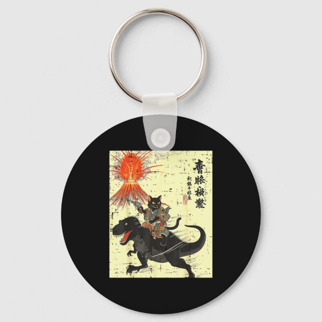 Japanese Black Cat On Trex Funny Ukiyo-e Boys Kids Keychain (Front)