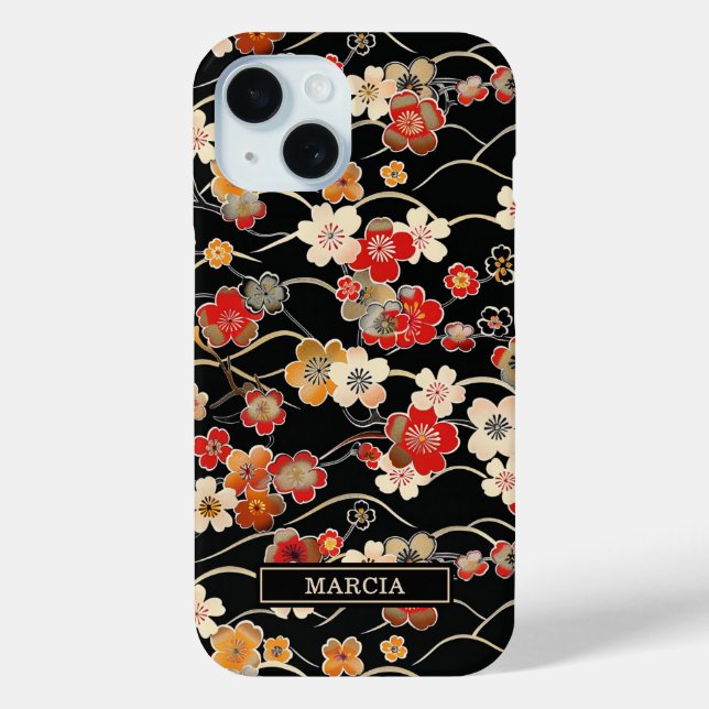 Japanese Black Floral Pattern Monogrammed Case-Mate iPhone Case (Back)