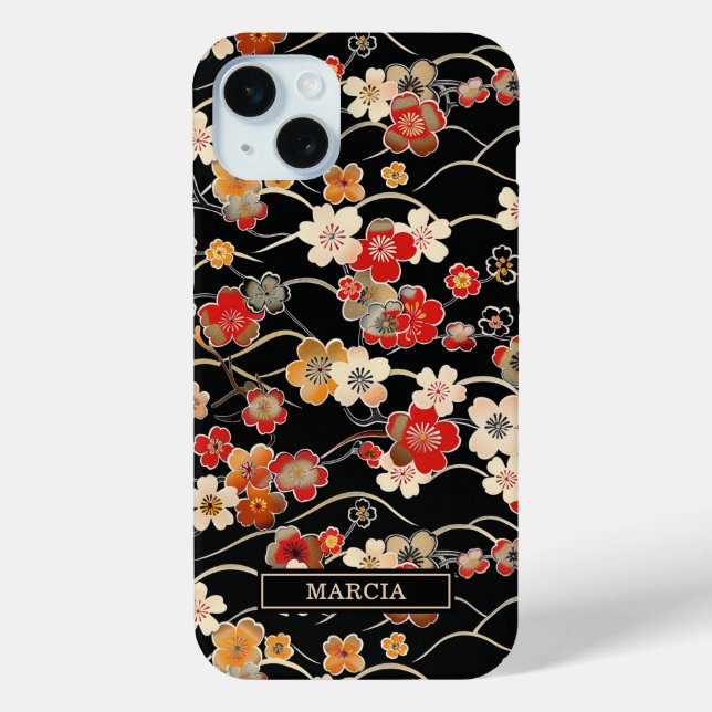 Japanese Black Floral Pattern Monogrammed Case-Mate iPhone Case (Back)