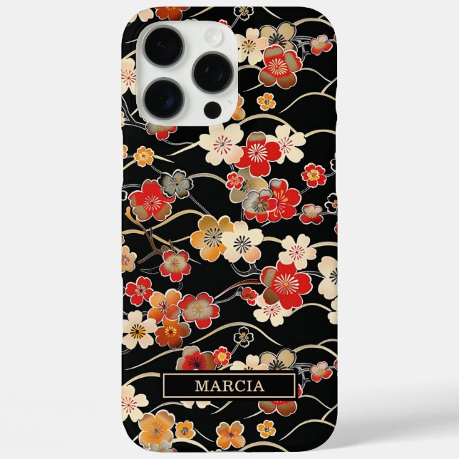 Japanese Black Floral Pattern Monogrammed Case-Mate iPhone Case (Back)