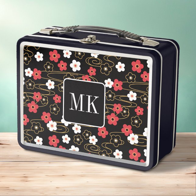 Japanese Black Sakura Blossom Monogram Initials Metal Lunch Box (Creator Uploaded)
