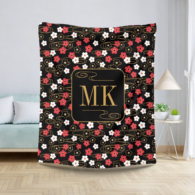 Japanese Black Sakura Blossom Monogram Initials Sherpa Blanket (Creator Uploaded)