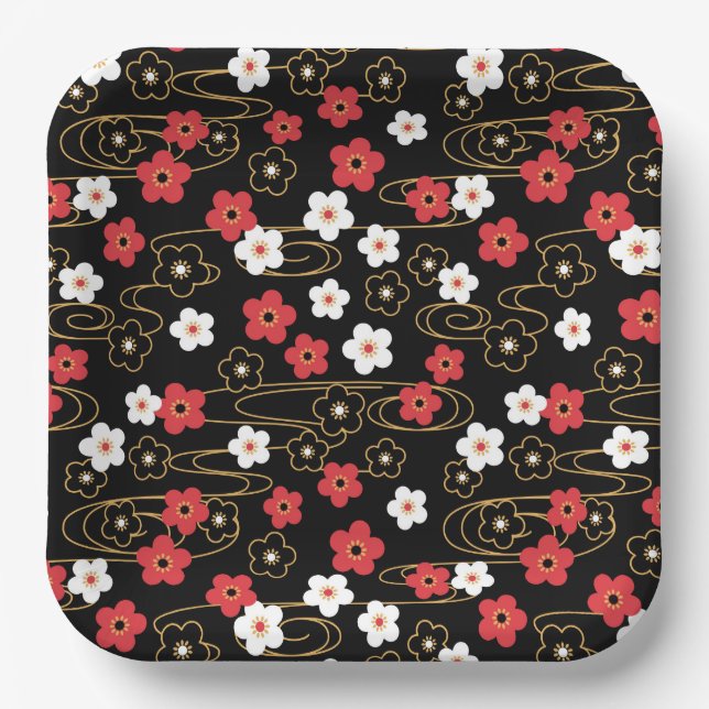 Japanese Black Sakura Cherry Blossom Flowers Paper Plates (Front)