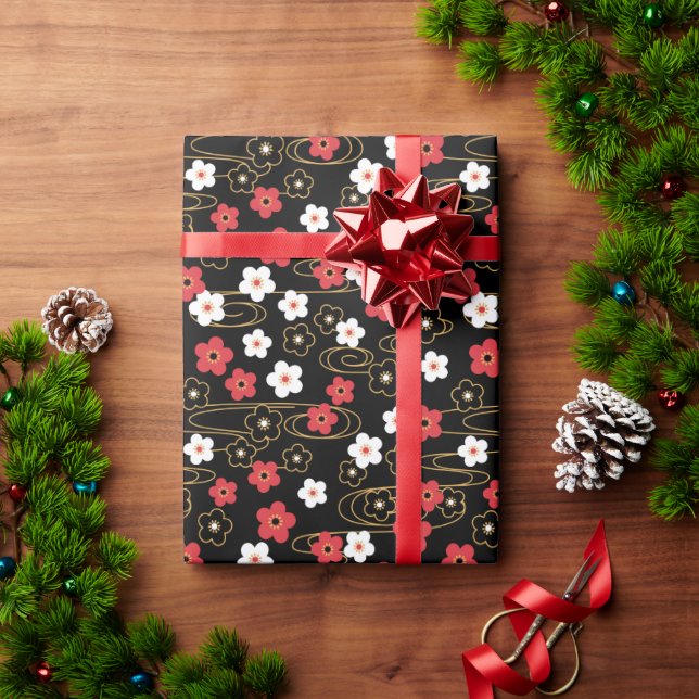 Japanese Black Sakura Cherry Blossom Flowers Wrapping Paper (Holiday Gift)