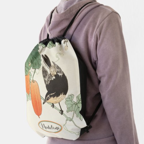 Japanese Block Print Bird and Orange Fruit Drawstring Bag