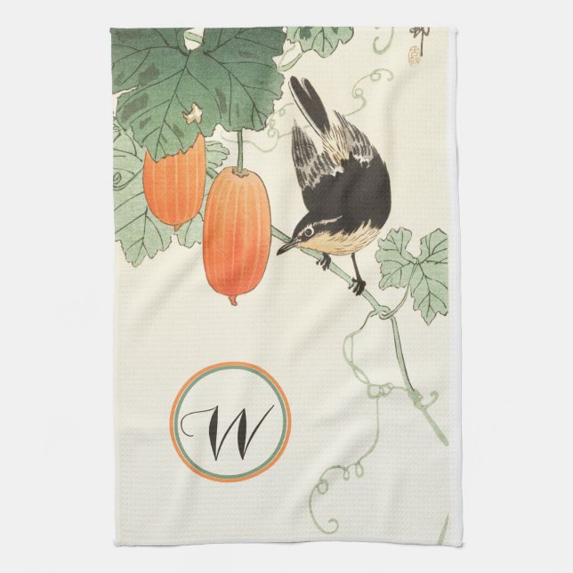 Japanese Block Print Bird Orange Fruit Monogram  Kitchen Towel (Vertical)