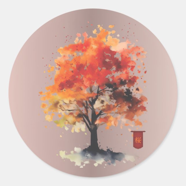 Japanese Blossom with Kanji Classic Round Sticker (Front)