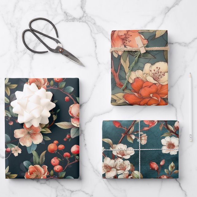 Japanese Blossoms Pattern 3 Wrapping Paper Sheets (Front)