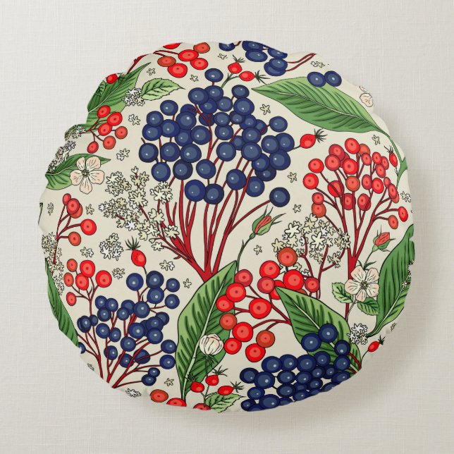 Japanese Blue and Red Berries Double Sided Round Pillow (Front)
