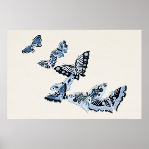 Japanese blue butterfly vintage design art ポスター poster