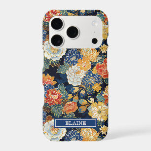 Japanese Blue Floral Pattern Monogrammed iPhone 17 Pro Case
