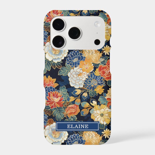 Japanese Blue Floral Pattern Monogrammed Case-Mate iPhone Case (Back)