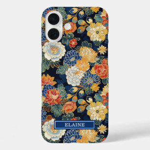 Japanese Blue Floral Pattern Monogrammed iPhone 16 Plus Case