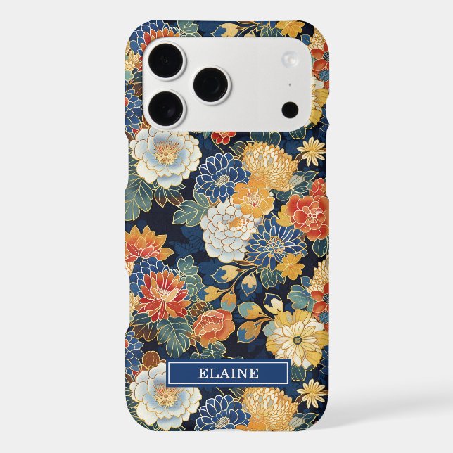 Japanese Blue Floral Pattern Monogrammed Case-Mate iPhone Case (Back)