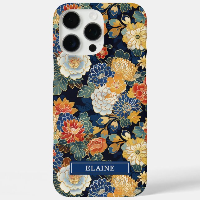 Japanese Blue Floral Pattern Monogrammed Case-Mate iPhone Case (Back)