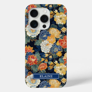 Japanese Blue Floral Pattern Monogrammed iPhone 15 Pro Case