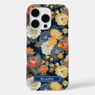Japanese Blue Floral Pattern Monogrammed iPhone 16 Pro Case