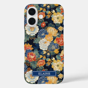 Japanese Blue Floral Pattern Monogrammed iPhone 16 Case