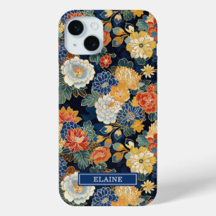 Japanese Blue Floral Pattern Monogrammed iPhone 15 Plus Case