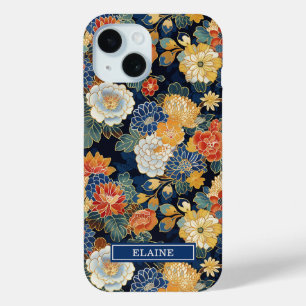Japanese Blue Floral Pattern Monogrammed iPhone 15 Case