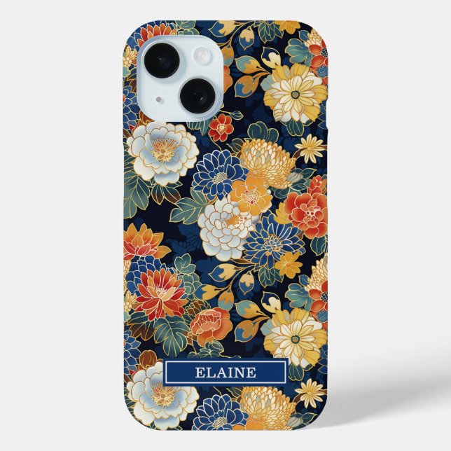 Japanese Blue Floral Pattern Monogrammed Case-Mate iPhone Case (Back)