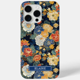 Japanese Blue Floral Pattern Monogrammed iPhone 15 Pro Max Case