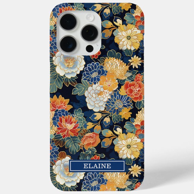 Japanese Blue Floral Pattern Monogrammed Case-Mate iPhone Case (Back)