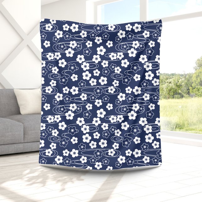 Japanese Blue Sakura Cherry Blossom Flowers Fleece Blanket (Creator Uploaded)