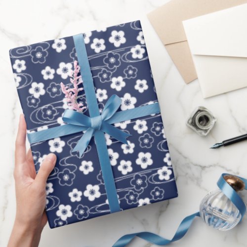 Japanese Blue Sakura Cherry Blossom Flowers Large Wrapping Paper