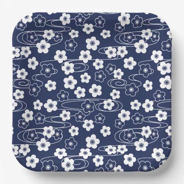 Japanese Blur Sakura Cherry Blossom Flowers Paper Plates (Front)