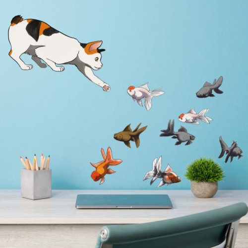 Japanese Bobtail Cat with Goldfish Wall Decal Set