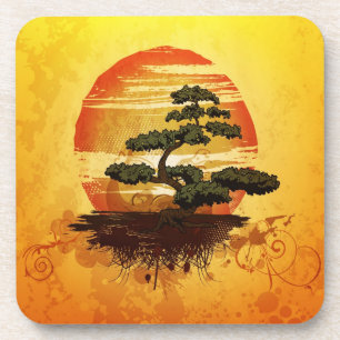 Japanese Bonsai Tree Sunset Beverage Coaster