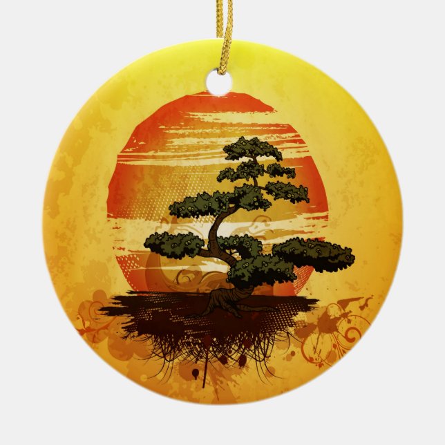 Japanese Bonsai Tree Sunset Ceramic Ornament (Front)