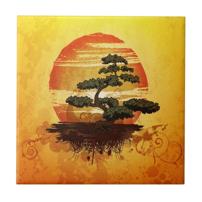 Japanese Bonsai Tree Sunset Ceramic Tile (Front)